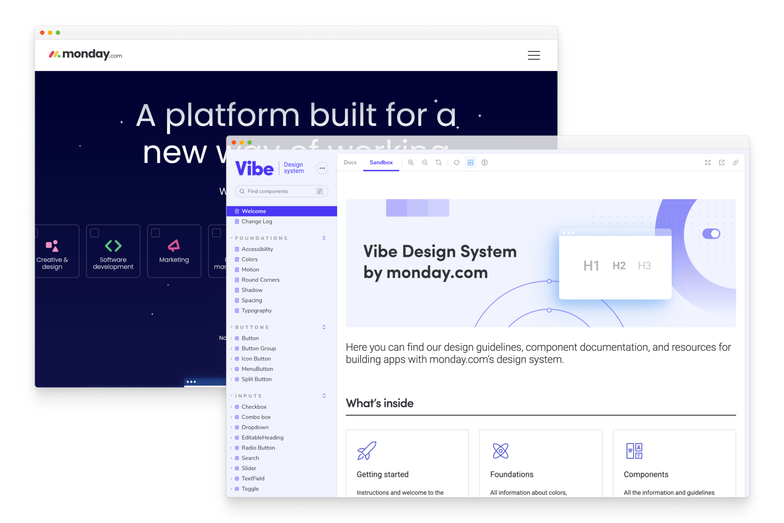 screenshots of the monday.com homepage and their Storybook design system, Vibe