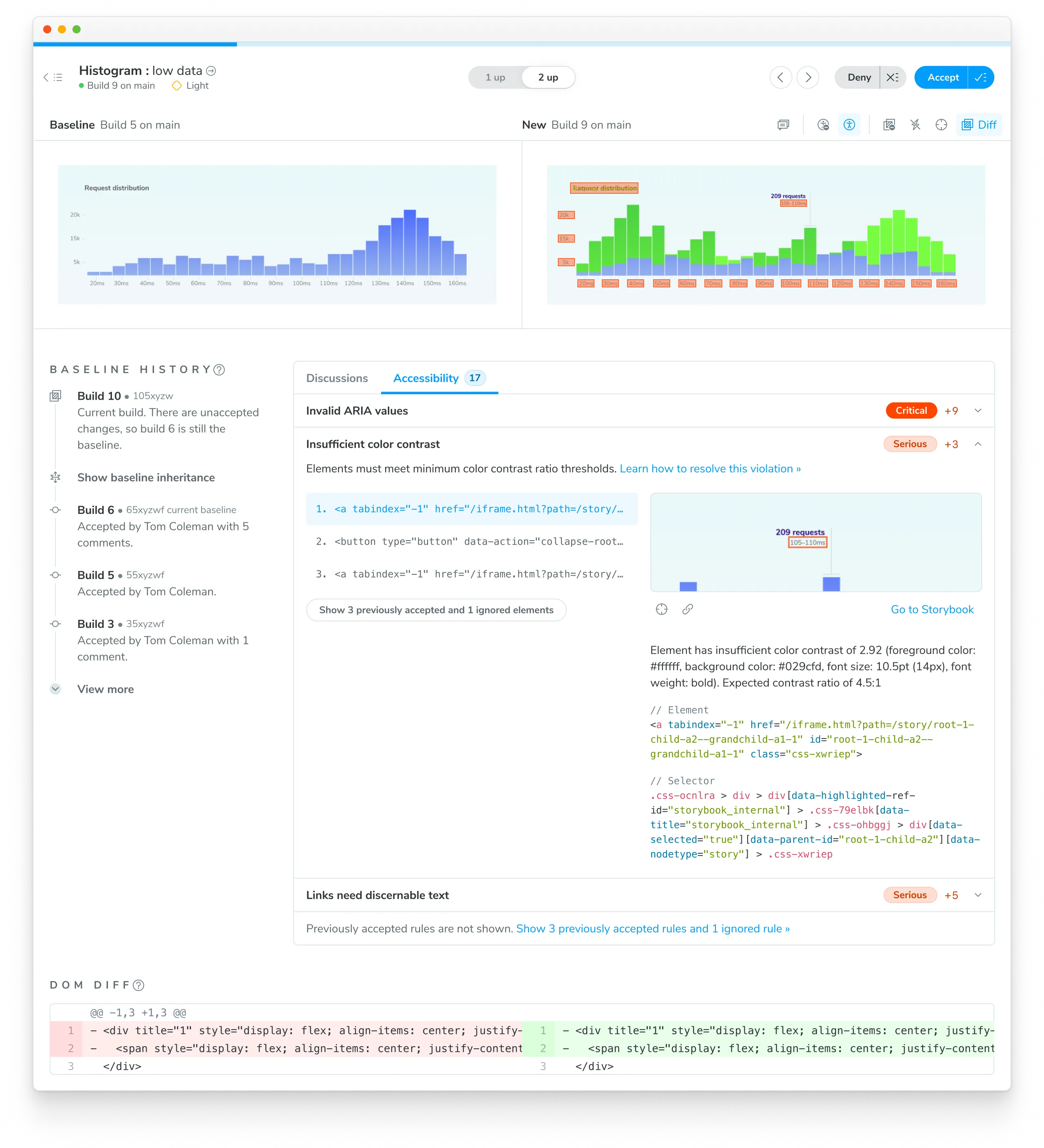 When reviewing a specific test, Chromatic enables you to inspect violations and offers suggested fixes. You can also launch the published Storybook to debug live in your browser with devtools.