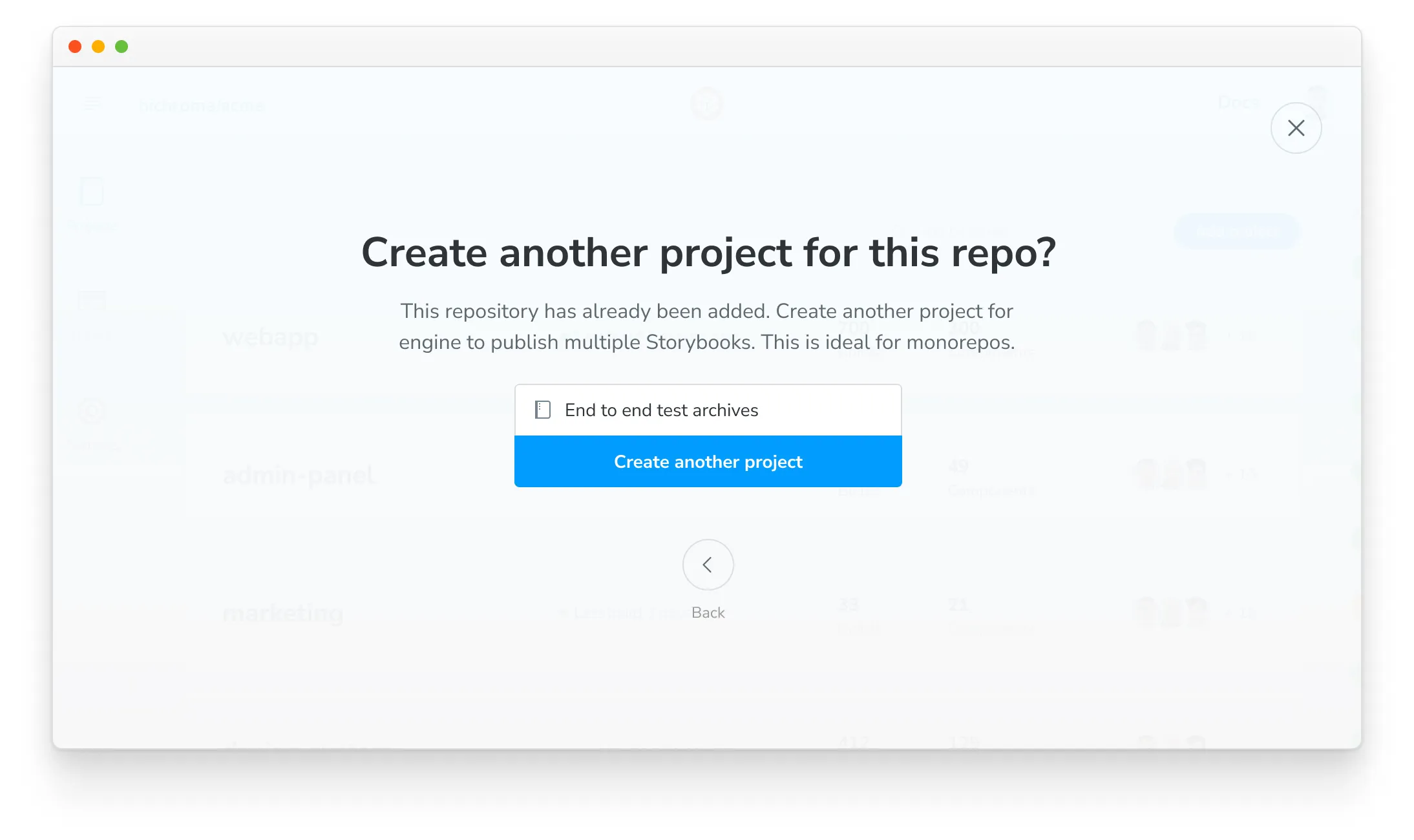 A screen with the heading "Create another project for this repo?" followed by a text input for the name of the project and a submit button labeled "Create another project"