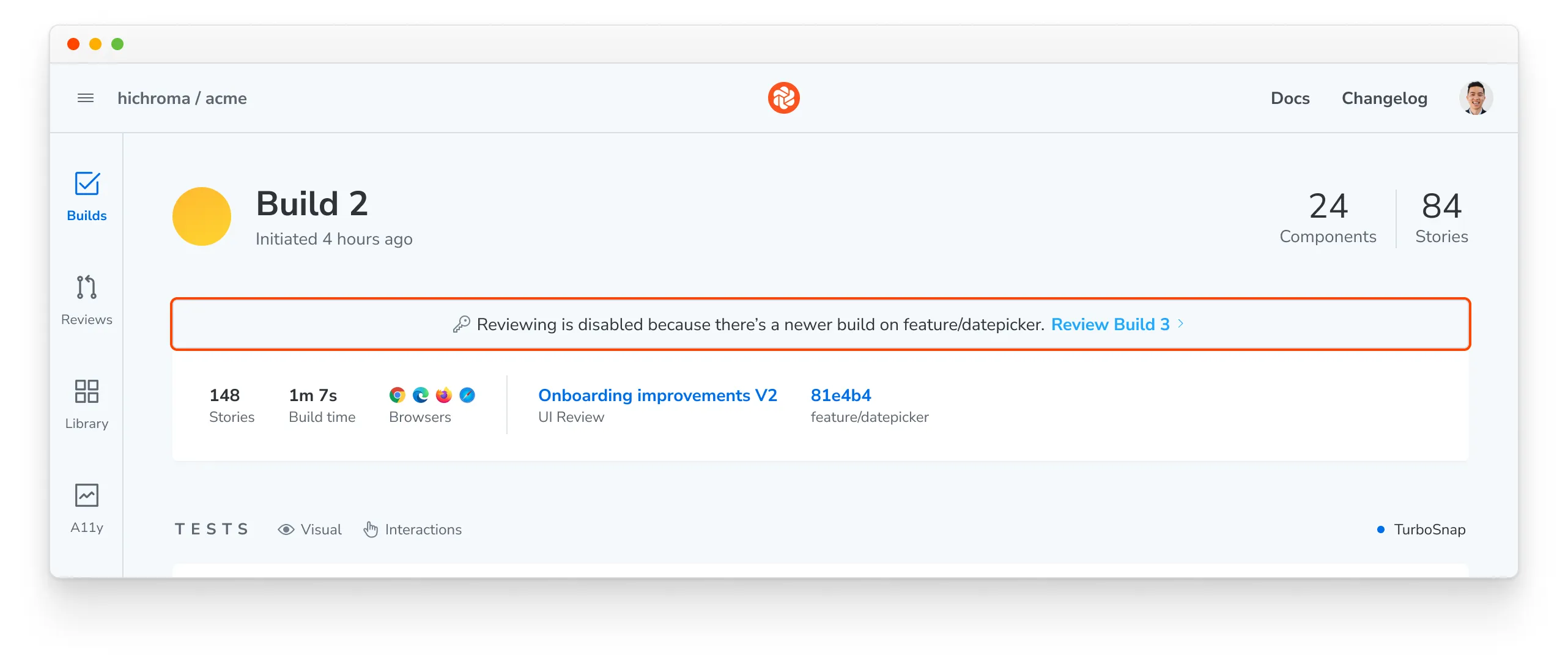 The original build after a reset, with a message that reviewing is disabled because there's a newer build on the branch.