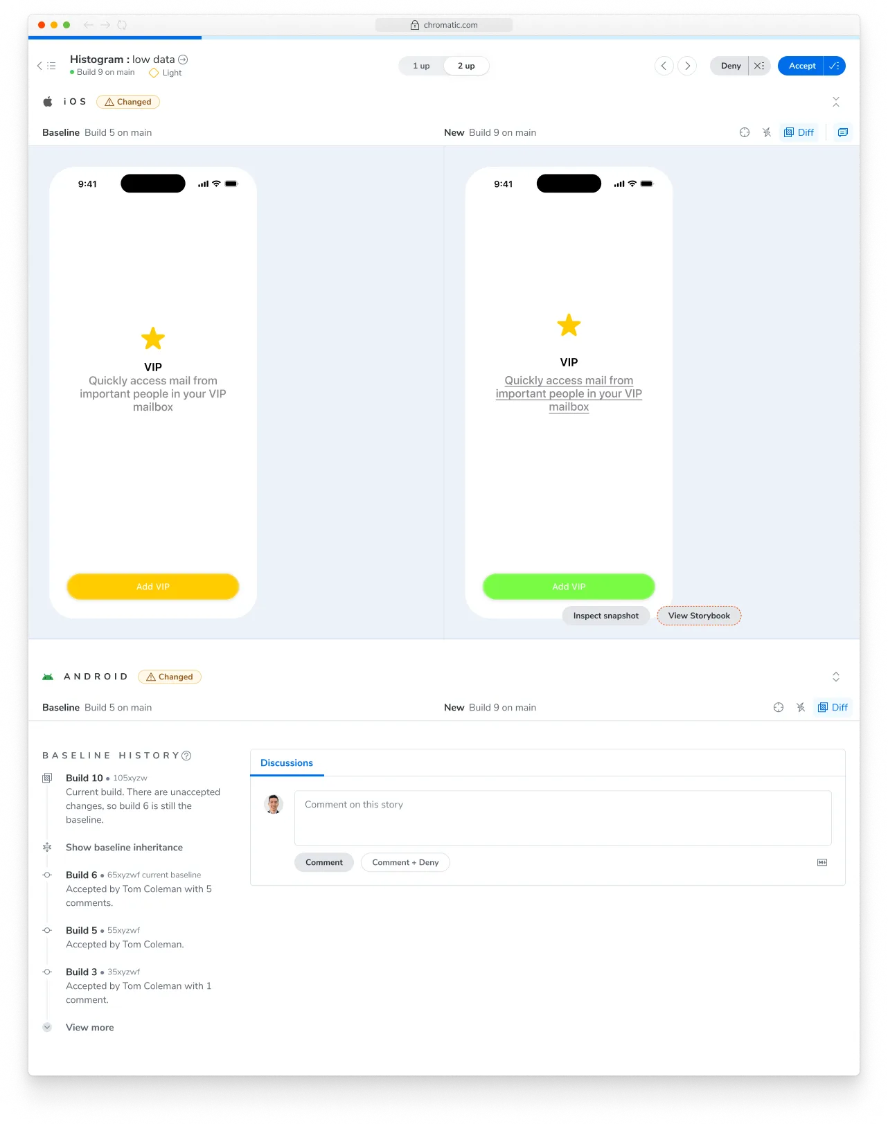 Clicking on a story takes you to the snapshot page where you can compare the new snapshot to the baseline